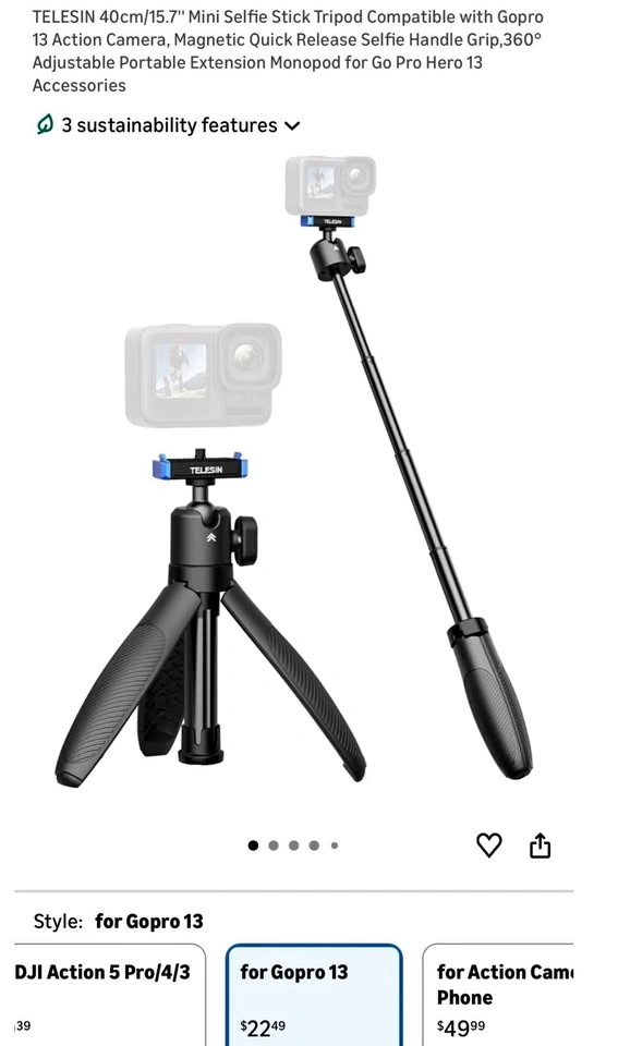 40cm Mini Selfie Stick Tripod for GoPro 13 Action Camera