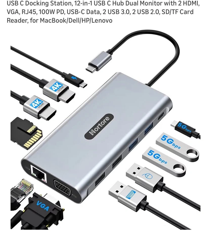 12-in-1 USB C Hub Dual Monitor with 2 HDMI