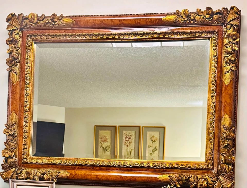 Large Ornate Walnut Wall Mirror: 47 x 35 inches - Elegant Statem