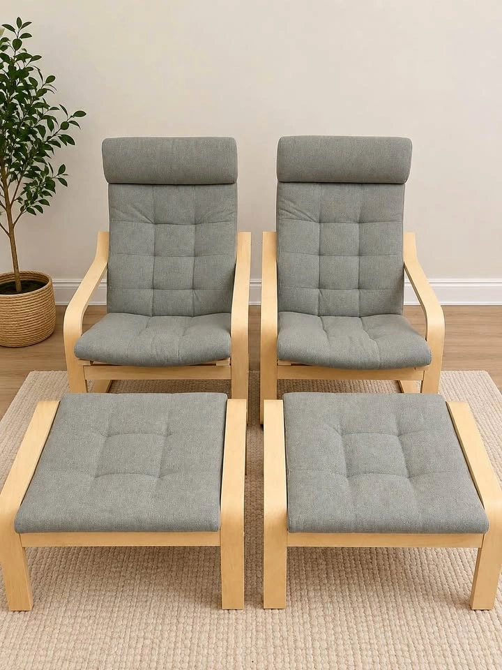 Set of 2 IKEA POÄNG Armchairs and Footstools