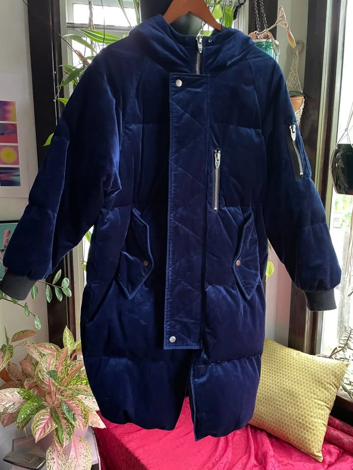Dark Blue Velvety Warm Coat, Small - photo 5