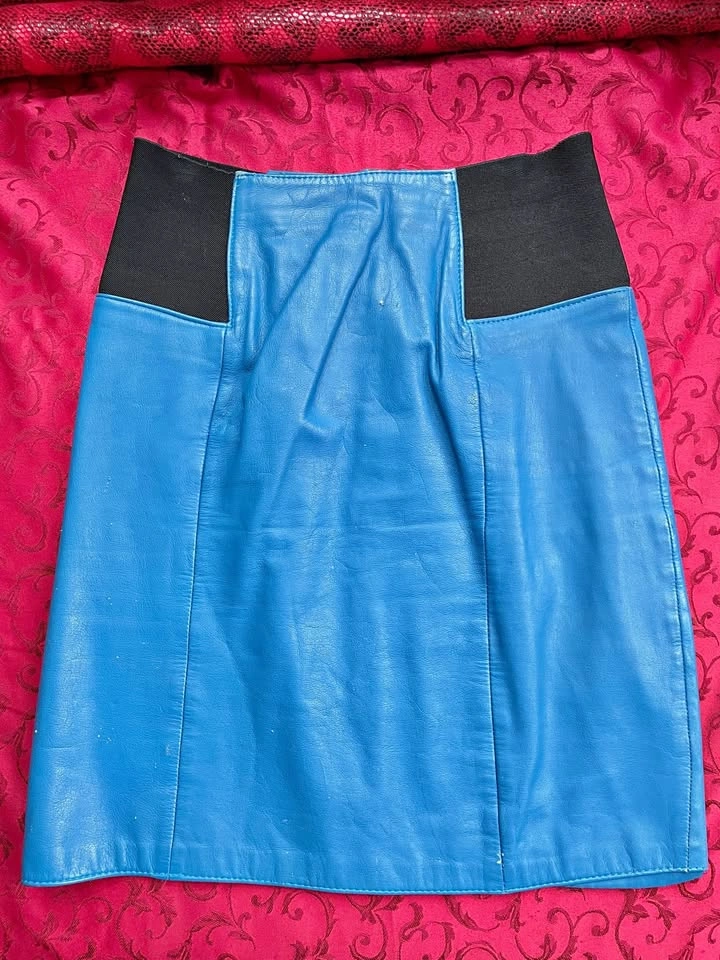 100% Leather Blue Skirt, High-waisted, Small