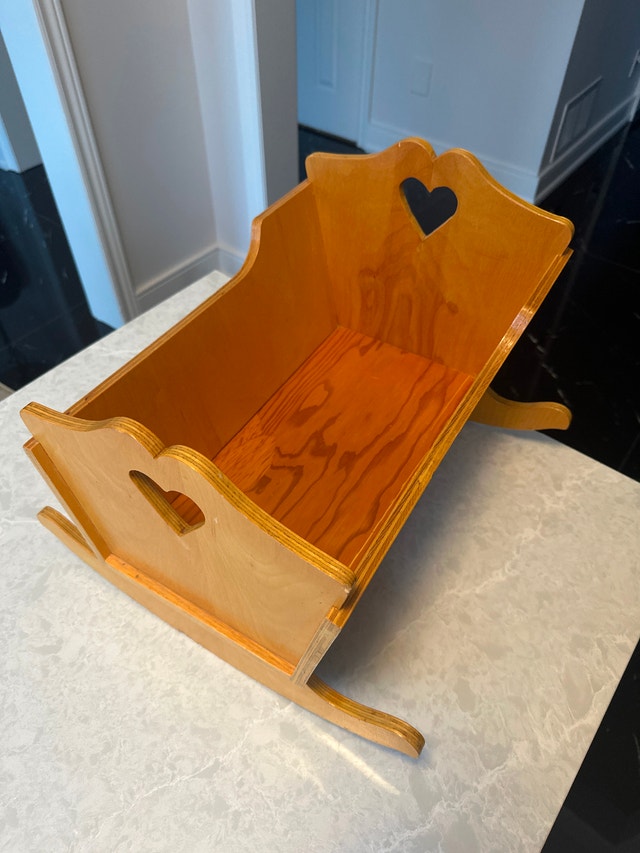 16” Wooden doll rocking cradle with heart-shaped cutout handles. - photo 2