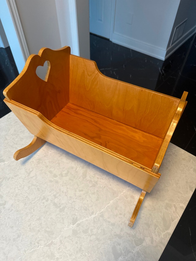 16” Wooden doll rocking cradle with heart-shaped cutout handles. - photo 3