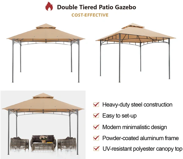 11x11 Outdoor Patio Gazebo - Double Roof Canopy - Khaki - New in - photo 2