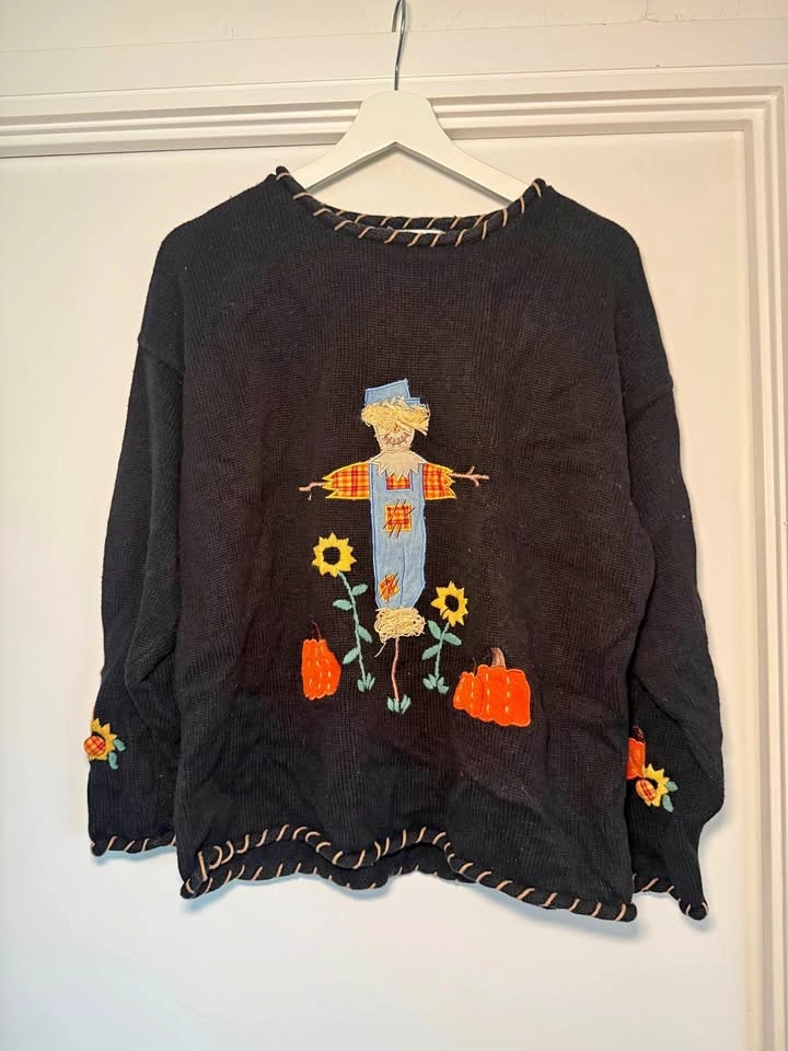 MANDAL BAY Black Embroidered Scarecrow Pumpkin Fall Sweater XL