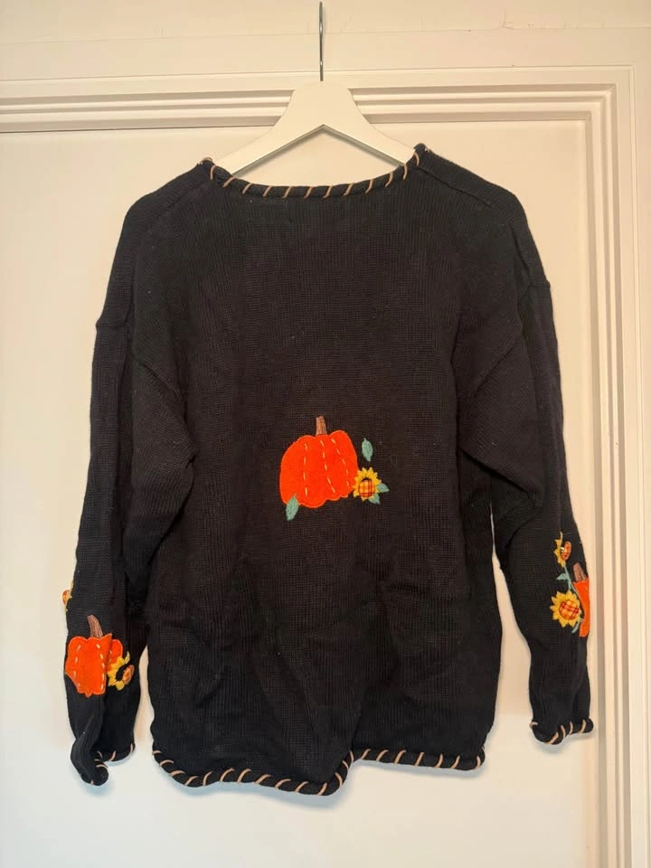 MANDAL BAY Black Embroidered Scarecrow Pumpkin Fall Sweater XL - photo 2