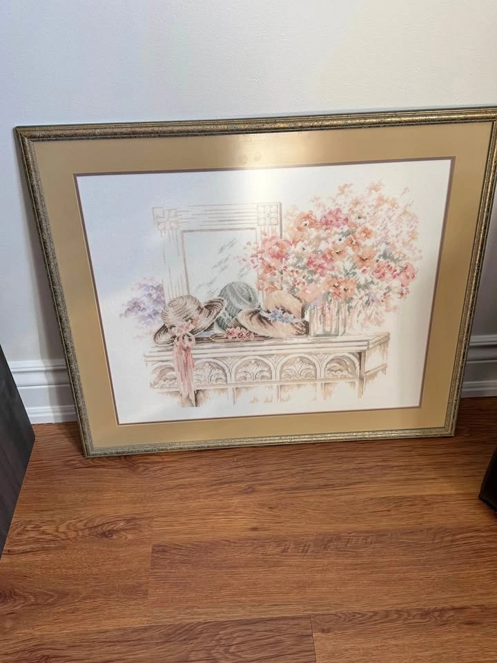 Hand-Stitched Framed Precious Moments and Floral Still Life