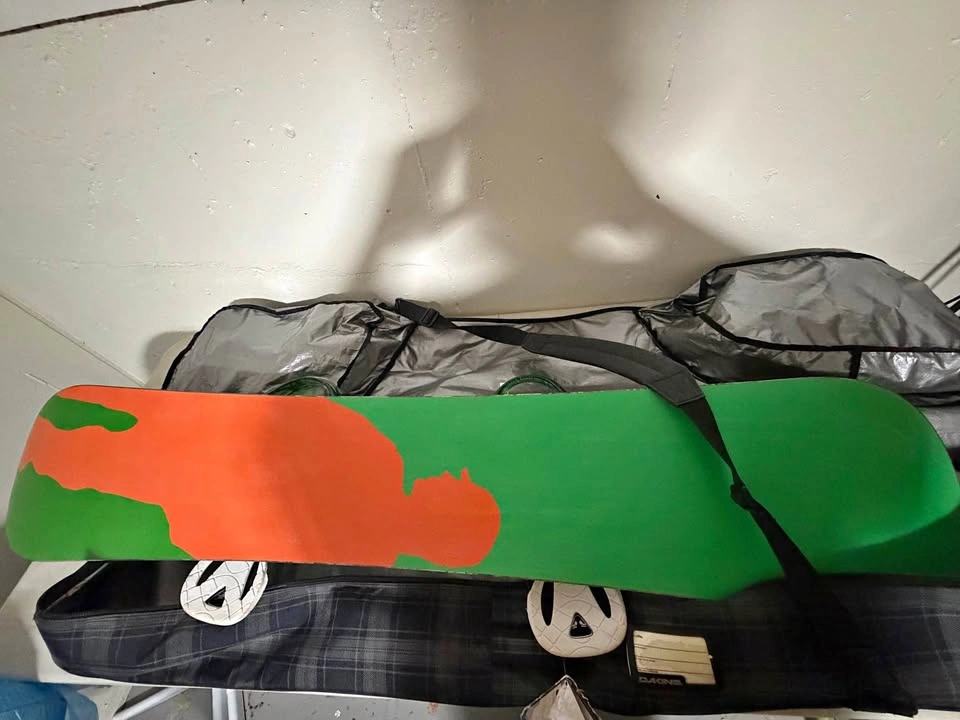 Snowboard, Boots, Goggles, and Bag