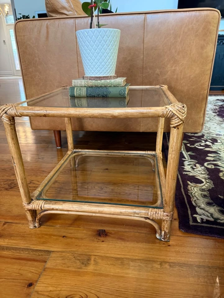 Rattan Side Table with Glass Shelf - photo 2