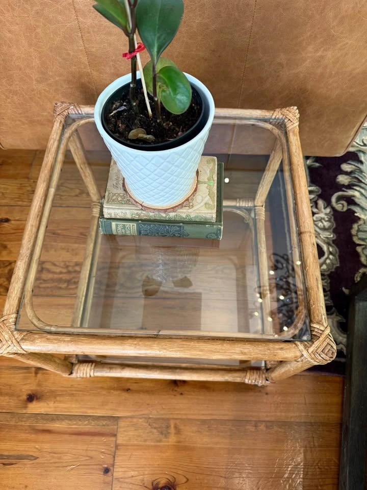 Rattan Side Table with Glass Shelf - photo 3