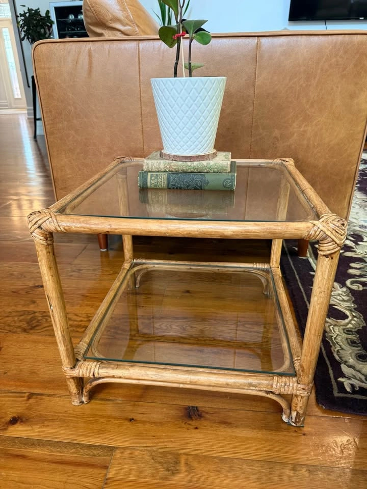 Rattan Side Table with Glass Shelf - photo 4