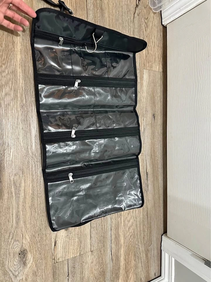 NEW Black Roll Up Travel Toiletry Bag Clear Pockets
