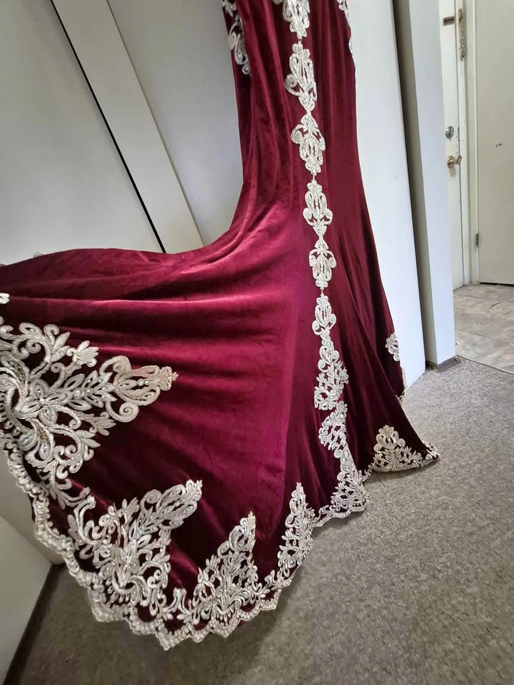 Burgundy Velvet Beaded Formal Dress