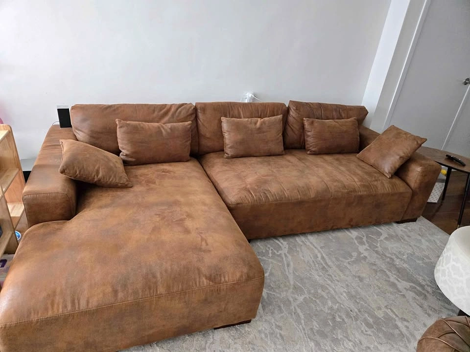 Brown Faux-Leather Sectional Sofa with Chaise