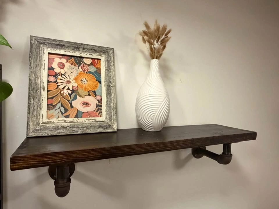 Industrial Wood Floating Shelf with Pipe Brackets - photo 3