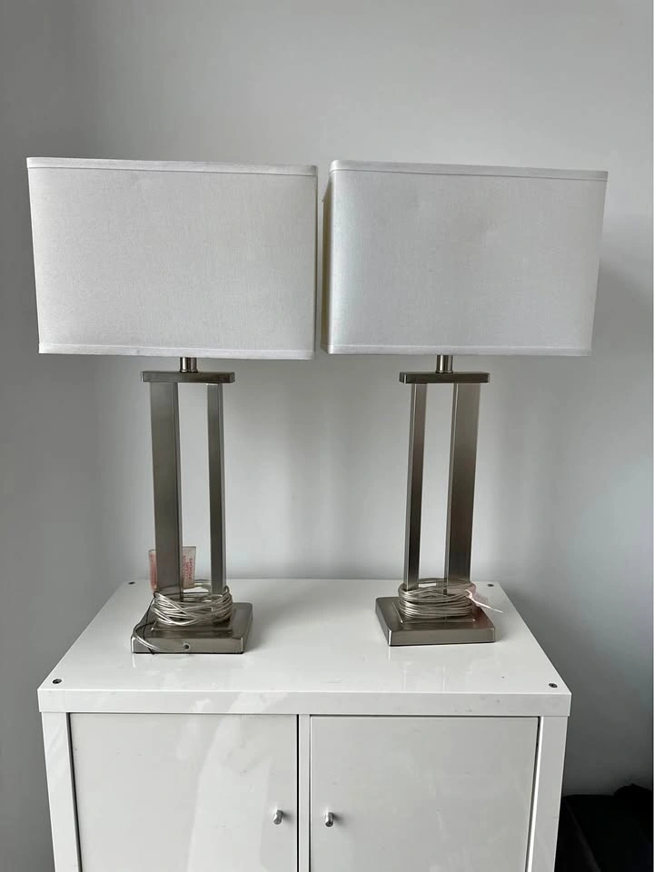 2 Brushed Nickel Lamps with White Shades