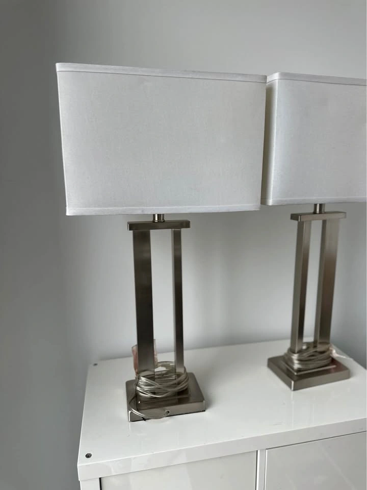 2 Brushed Nickel Lamps with White Shades - photo 2
