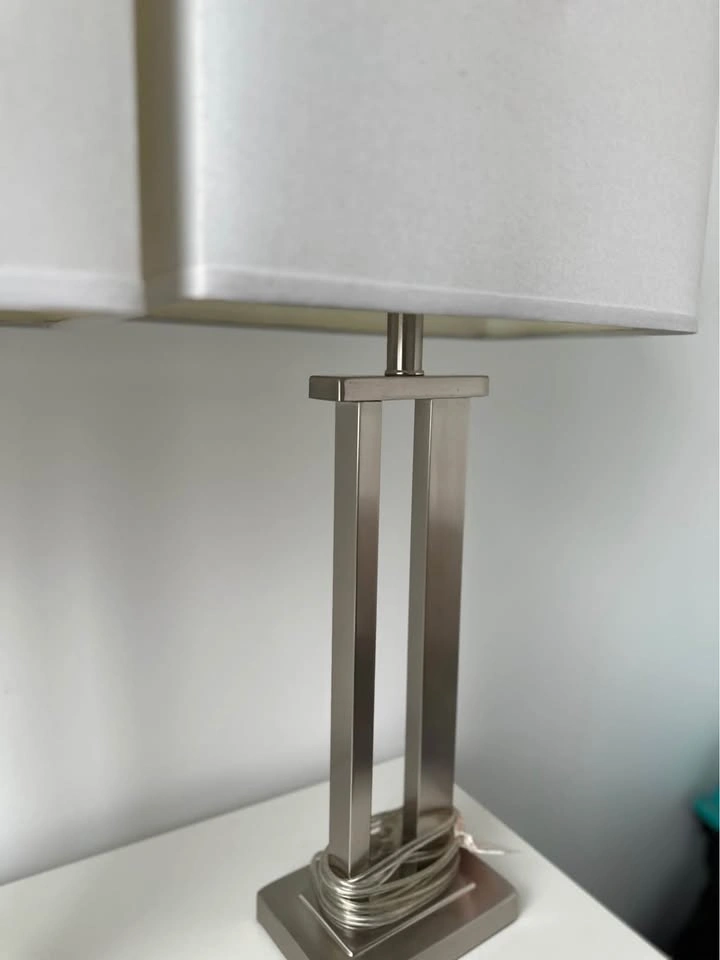 2 Brushed Nickel Lamps with White Shades - photo 4