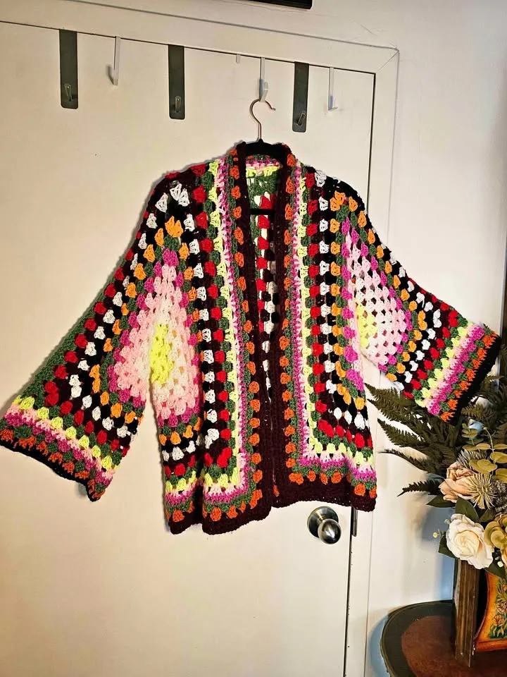 Handmade Crochet Maximalist Hex Granny Square Cardigan Sweater thumbnail