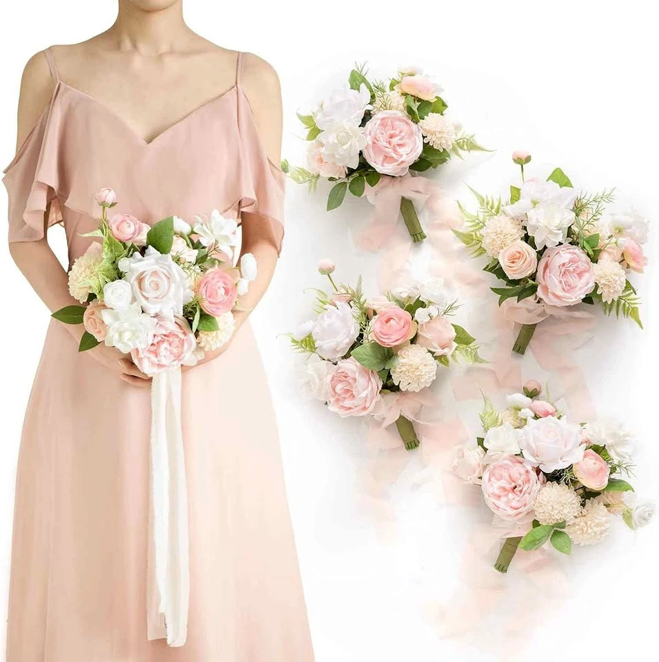 Ling's moment Artificial Bridesmaid Bouquets (Set of 4 - Blush &