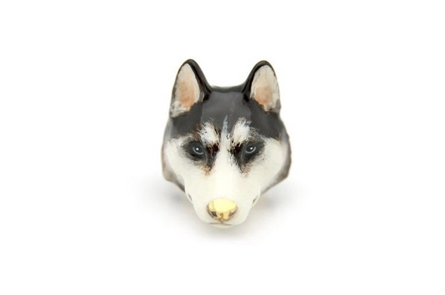 18K Gold Plated Siberian Husky Ring - Hand Painted