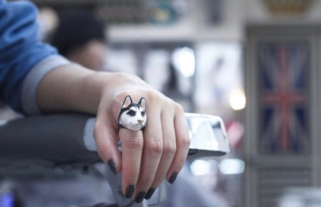 18K Gold Plated Siberian Husky Ring - Hand Painted - photo 4