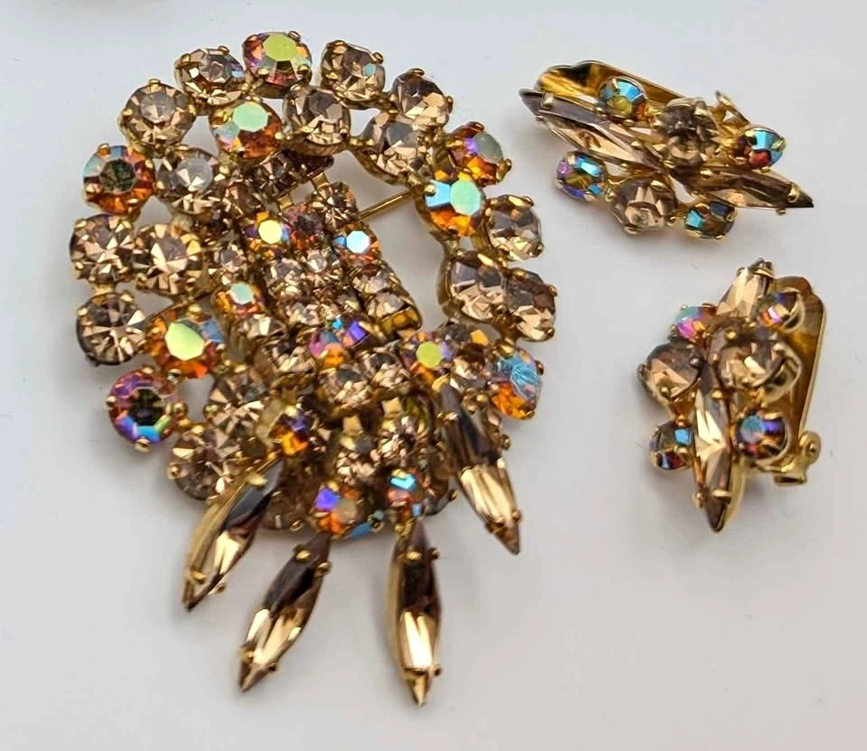 MCM Unsigned Amber Waterfall Crystal Brooch & Earring Set