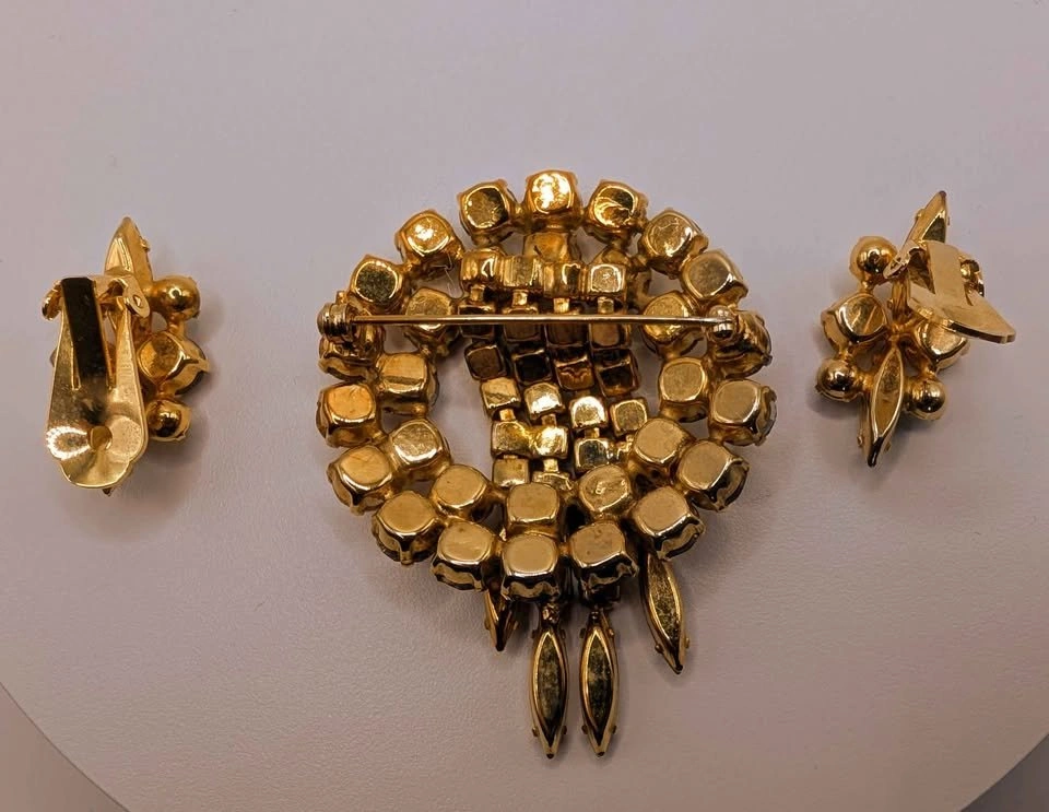 MCM Unsigned Amber Waterfall Crystal Brooch & Earring Set - photo 2