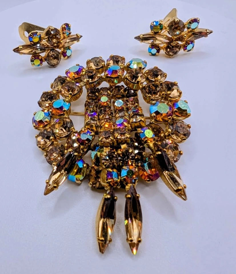 MCM Unsigned Amber Waterfall Crystal Brooch & Earring Set - photo 3
