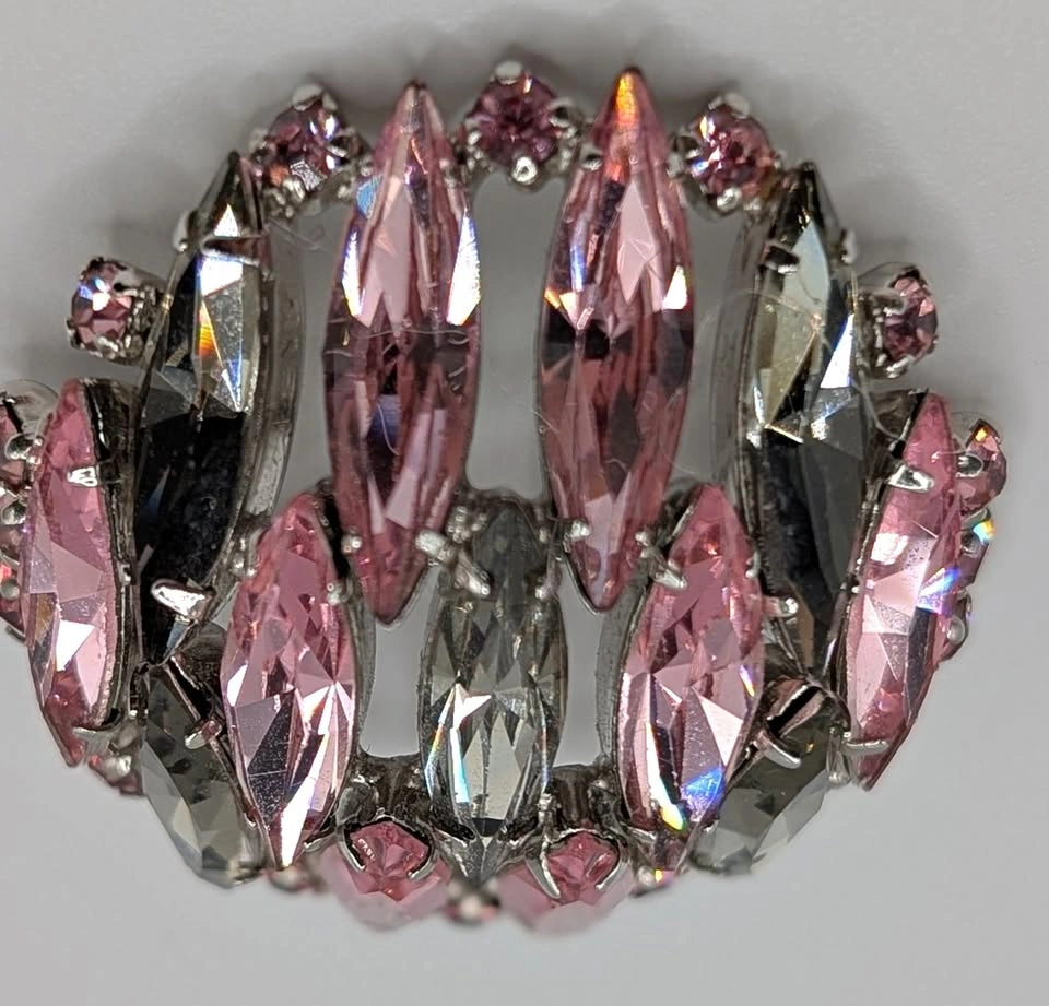 Pink & Grey VTG Crystal Brooch, Hallmarked Sherman