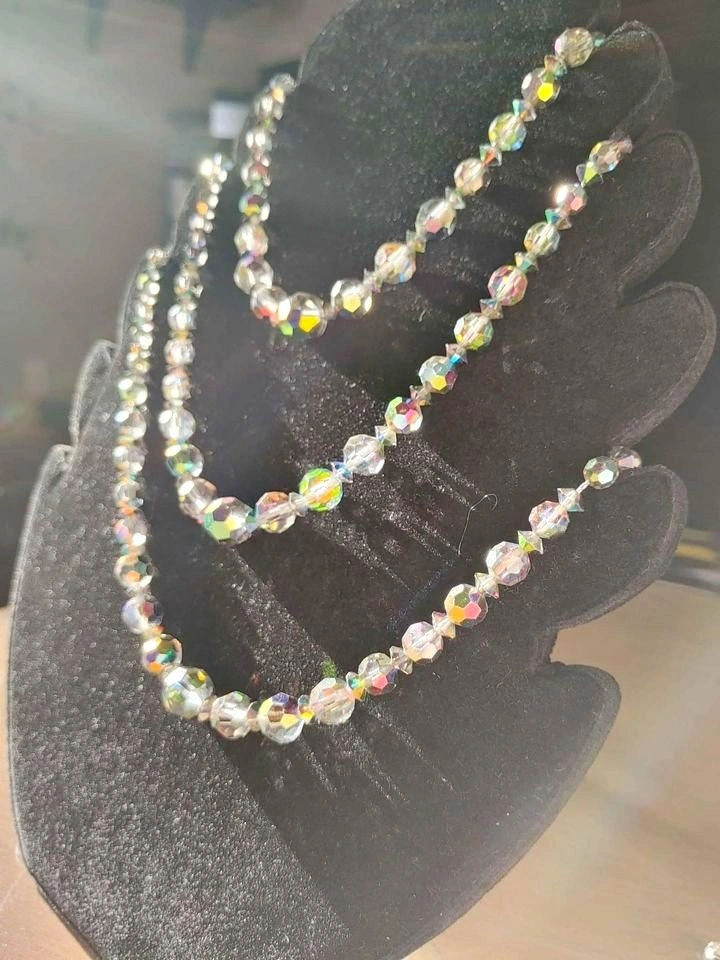 VTG Czech Crystal triple strand necklace and matching clipon ear