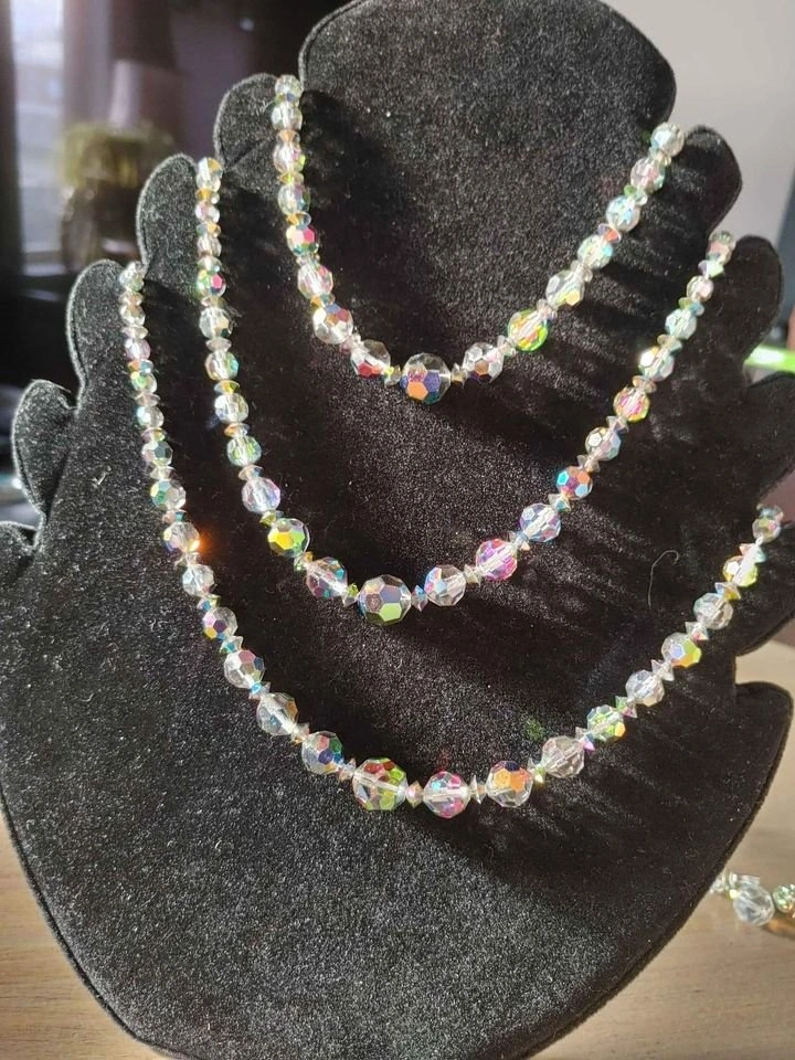 VTG Czech Crystal triple strand necklace and matching clipon ear - photo 5