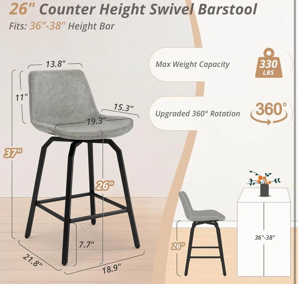 LUE BONA 360° Swivel Bar Stools Set of 3 – 26” Counter Height, G - photo 2