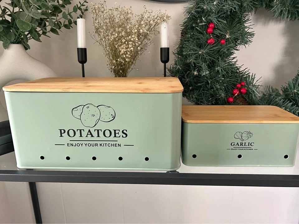 Potato and Garlic Storage Bins with Wooden Lids