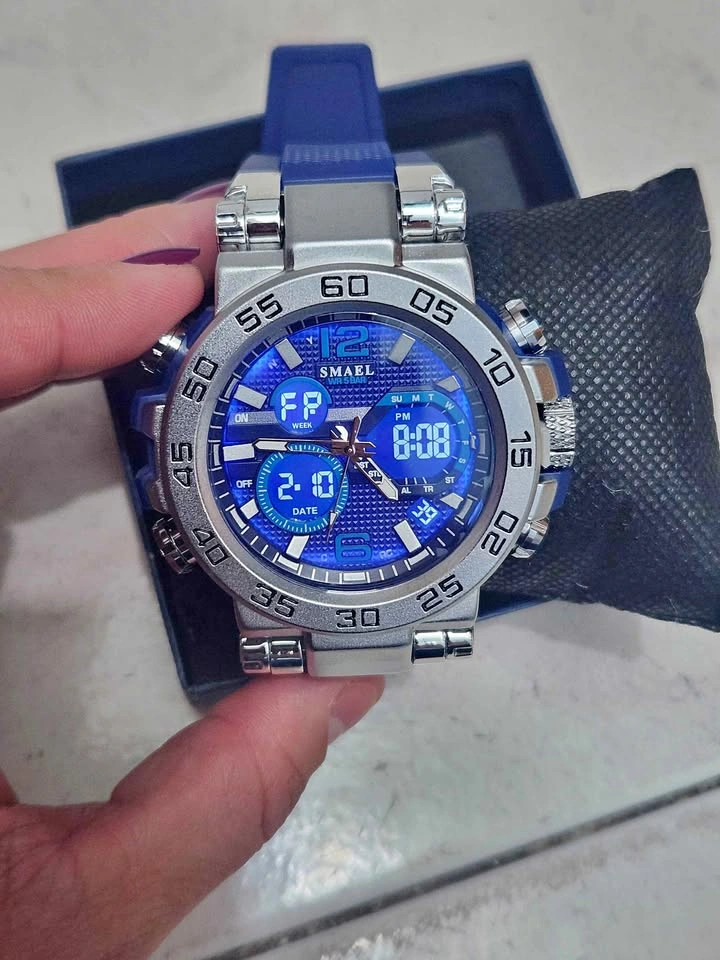 Blue Silver Digital Analog Watch