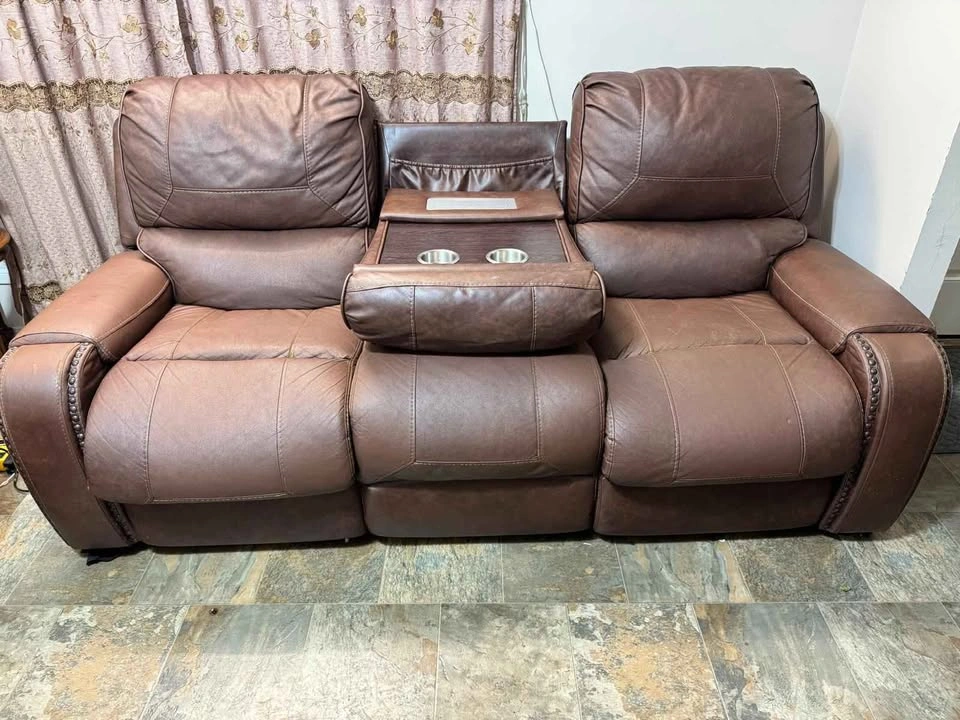 Brown Faux Leather Power Reclining Sofa with Console - photo 2