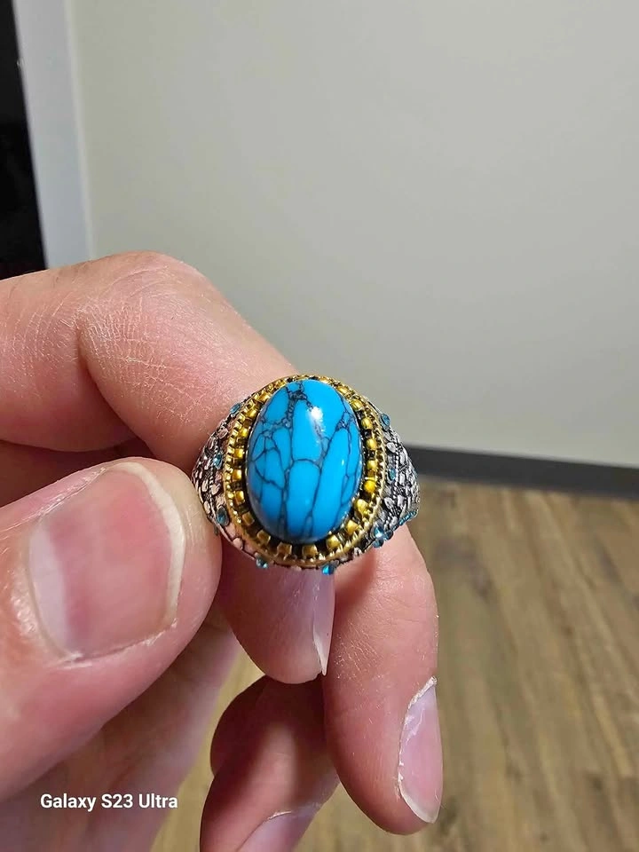 Vintage Handmade Big Turquoise Stone Ring Unisex Punk
