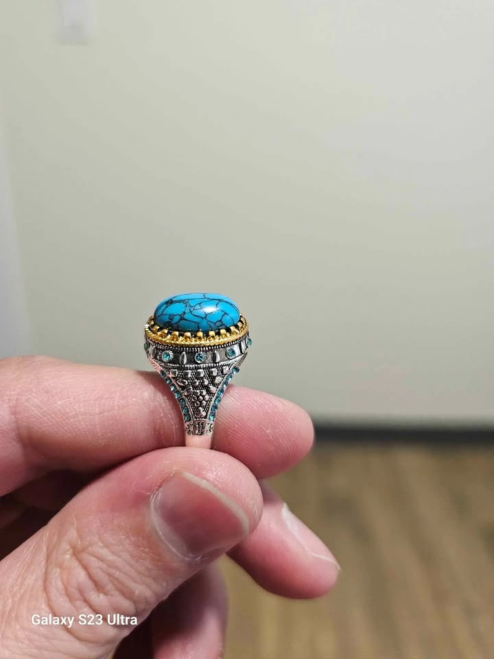 Vintage Handmade Big Turquoise Stone Ring Unisex Punk - photo 3