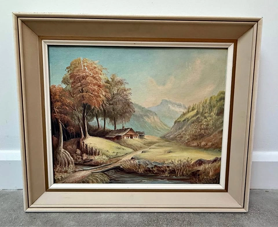 Framed Vintage Landscape Painting – Rustic Countryside Scene