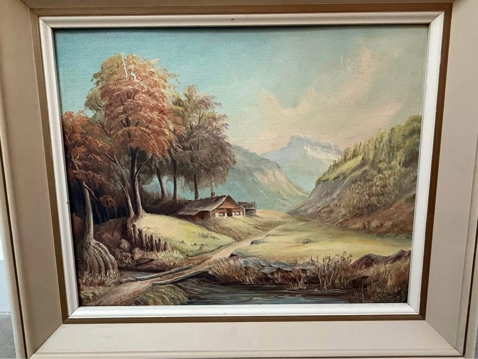 Framed Vintage Landscape Painting – Rustic Countryside Scene - photo 2