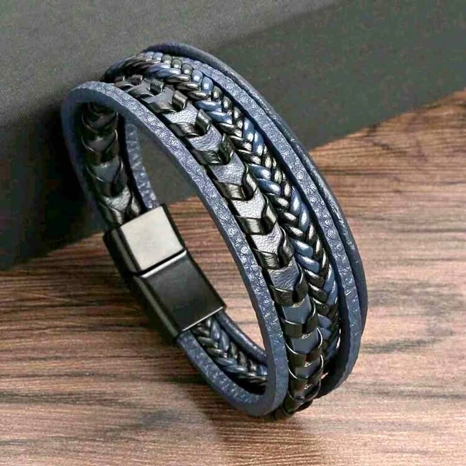 Mens multi layer braided leather bracelet