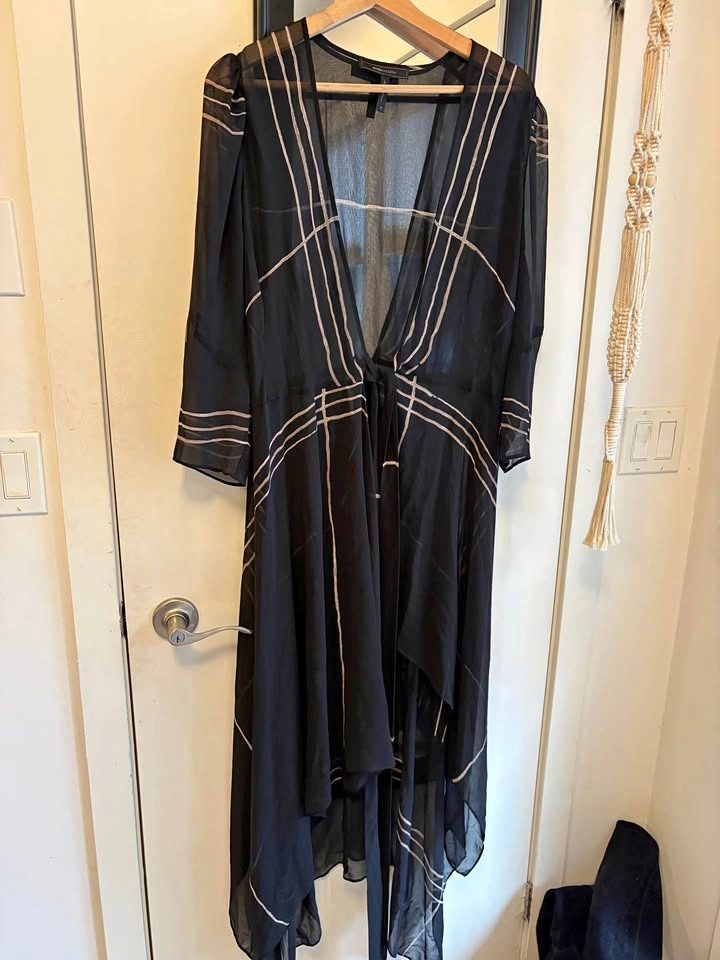 BCBG Black Sheer Geometric Stripe Dress - Medium
