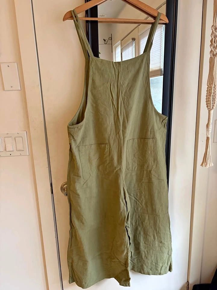 Olive green linen blend wide leg overall