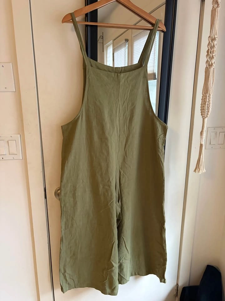 Olive green linen blend wide leg overall - photo 2