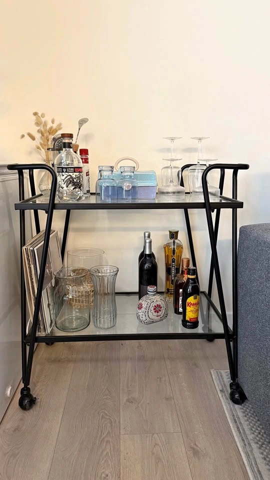 Black Metal and Glass Two-Tier Bar Cart