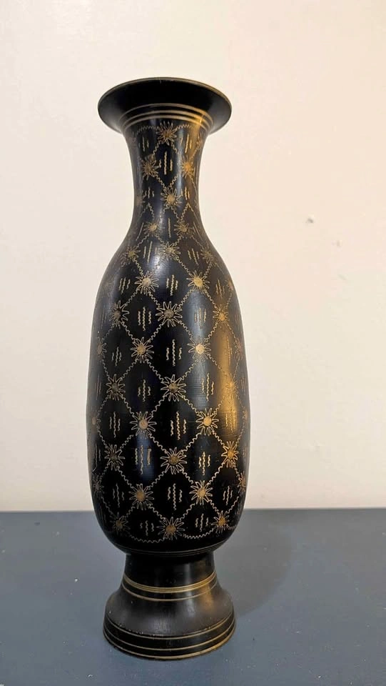 Vintage Hand-Etched Solid Brass Vase (Black & Gold)