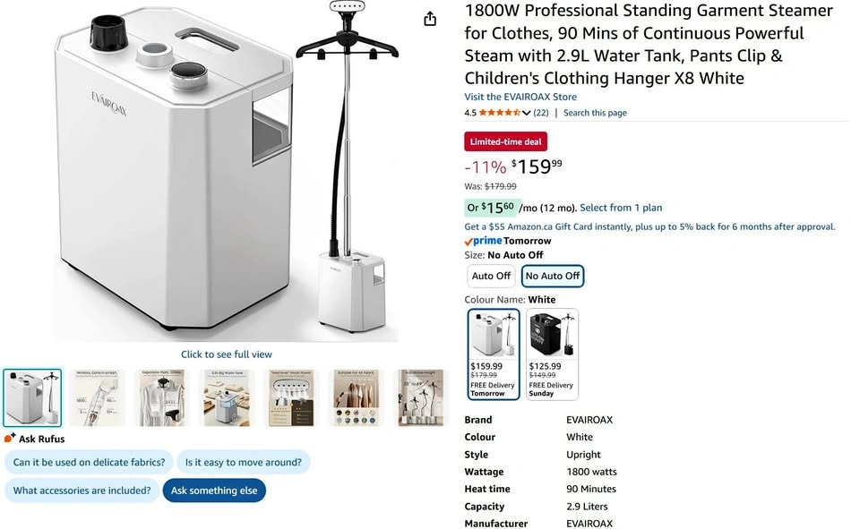 1800W Standing Garment Steamer - XL Tank, 90 Min Run Time