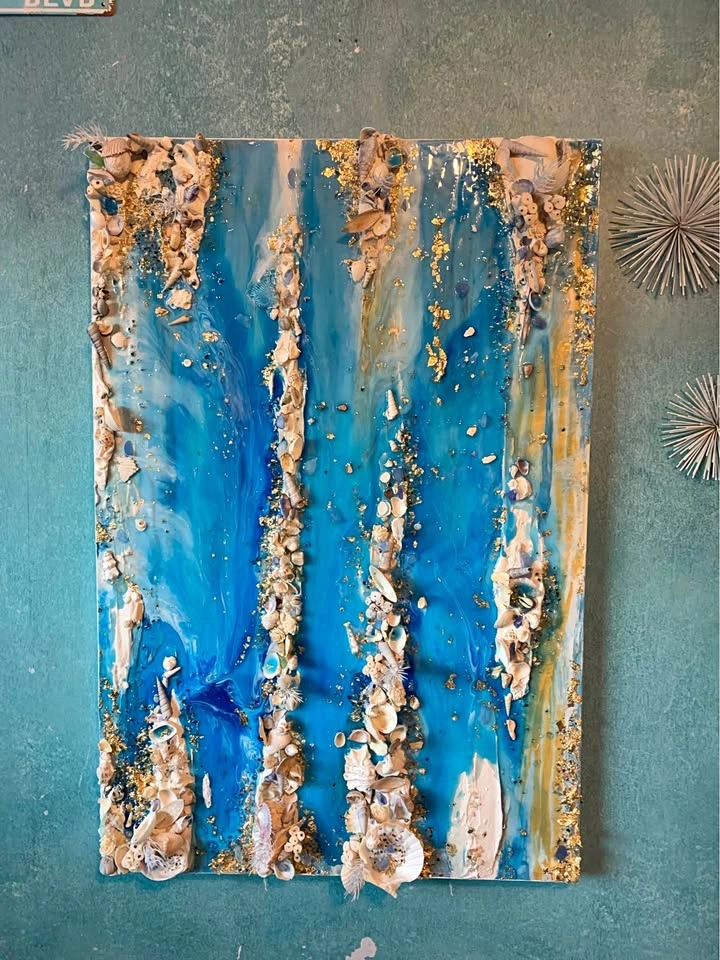 Luxury Coastal Resin Art - Seashell & Gold Leaf Ocean Wall State