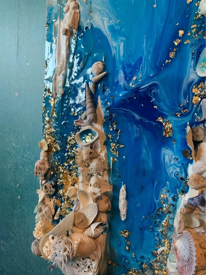 Luxury Coastal Resin Art - Seashell & Gold Leaf Ocean Wall State - photo 2
